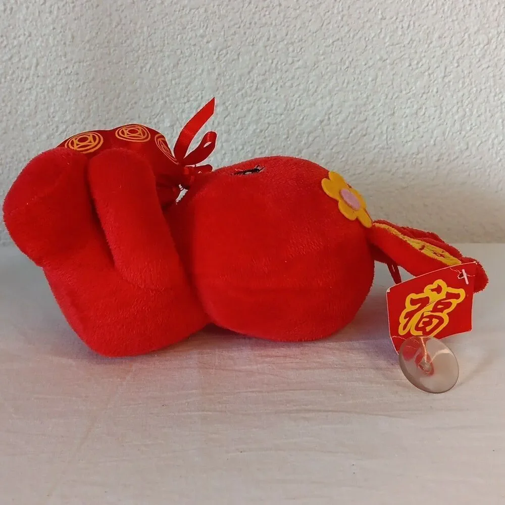 Chinese Lunar New Year Rabbit Bunny Red Gold Stuffed Plush Window Hanger Tags